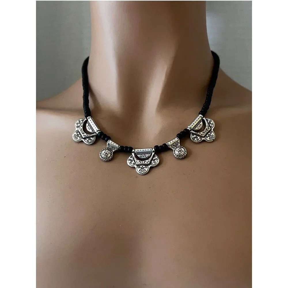 Brighton Cantina Silver Black Leather Beaded Pendant Necklace
